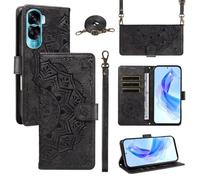 xinyunew Funda Cartera para Honor 90 Lite/Honor X50i 5G, Funda Libro de Cuero con Tarjetero, Cremallera, Correa Bandolera, Magnético, Soporte, Carcasa Antigolpes Elegante para Mujer,Negro
