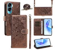 xinyunew Funda Cartera para Honor 90 Lite/Honor X50i 5G, Funda Libro de Cuero con Tarjetero, Cremallera, Correa Bandolera, Magnético, Soporte, Carcasa Antigolpes Elegante para Mujer,Marrón