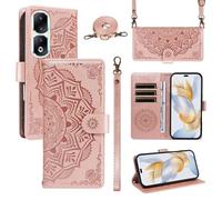 xinyunew Funda Cartera para Honor 90 Pro, Funda Libro de Cuero con Tarjetero, Cremallera, Correa Bandolera, Magnético, Soporte, Carcasa Antigolpes Elegante para Mujer,Rosa