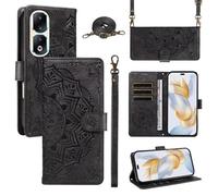 xinyunew Funda Cartera para Honor 90 Pro, Funda Libro de Cuero con Tarjetero, Cremallera, Correa Bandolera, Magnético, Soporte, Carcasa Antigolpes Elegante para Mujer,Negro