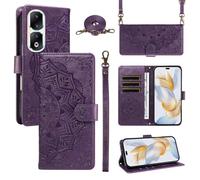 xinyunew Funda Cartera para Honor 90 Pro, Funda Libro de Cuero con Tarjetero, Cremallera, Correa Bandolera, Magnético, Soporte, Carcasa Antigolpes Elegante para Mujer,Morado