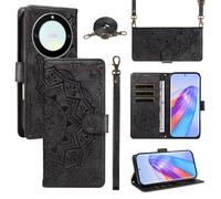 xinyunew Funda Cartera para Honor X40 5G/Honor X9A/Magic 5 Lite, Funda Libro de Cuero con Tarjetero, Cremallera, Correa Bandolera, Magnético, Soporte, Carcasa Antigolpes Elegante para Mujer,Negro