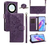 xinyunew Funda Cartera para Honor X40 5G/Honor X9A/Magic 5 Lite, Funda Libro de Cuero con Tarjetero, Cremallera, Correa Bandolera, Magnético, Soporte, Carcasa Antigolpes Elegante para Mujer,Morado