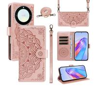 xinyunew Funda Cartera para Honor X40 5G/Honor X9A/Magic 5 Lite, Funda Libro de Cuero con Tarjetero, Cremallera, Correa Bandolera, Magnético, Soporte, Carcasa Antigolpes Elegante para Mujer,Rosa