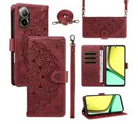 xinyunew Funda Cartera para OPPO Realme C67 4G, Funda Libro de Cuero con Tarjetero, Cremallera, Correa Bandolera, Magnético, Soporte, Carcasa Antigolpes Elegante para Mujer,Rojo