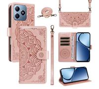 xinyunew Funda Cartera para Realme C61 4G/Realme C63 4G, Funda Libro de Cuero con Tarjetero, Cremallera, Correa Bandolera, Magnético, Soporte, Carcasa Antigolpes Elegante para Mujer,Rosa