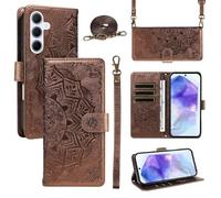 xinyunew Funda Cartera para Samsung Galaxy A55 5G, Funda Libro de Cuero con Tarjetero, Cremallera, Correa Bandolera, Magnético, Soporte, Carcasa Antigolpes Elegante para Mujer,Marrón