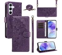 xinyunew Funda Cartera para Samsung Galaxy A55 5G, Funda Libro de Cuero con Tarjetero, Cremallera, Correa Bandolera, Magnético, Soporte, Carcasa Antigolpes Elegante para Mujer,Morado