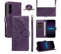 xinyunew Funda Cartera para Sony Xperia 1 III, Funda Libro de Cuero con Tarjetero, Cremallera, Correa Bandolera, Magnético, Soporte, Carcasa Antigolpes Elegante para Mujer,Morado