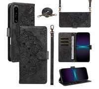 xinyunew Funda Cartera para Sony Xperia 1 III, Funda Libro de Cuero con Tarjetero, Cremallera, Correa Bandolera, Magnético, Soporte, Carcasa Antigolpes Elegante para Mujer,Negro