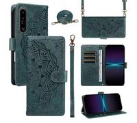 xinyunew Funda Cartera para Sony Xperia 1 III, Funda Libro de Cuero con Tarjetero, Cremallera, Correa Bandolera, Magnético, Soporte, Carcasa Antigolpes Elegante para Mujer,Verde