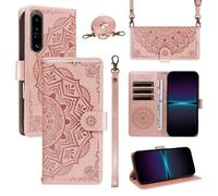 xinyunew Funda Cartera para Sony Xperia 1 III, Funda Libro de Cuero con Tarjetero, Cremallera, Correa Bandolera, Magnético, Soporte, Carcasa Antigolpes Elegante para Mujer,Rosa
