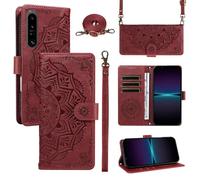xinyunew Funda Cartera para Sony Xperia 1 IV, Funda Libro de Cuero con Tarjetero, Cremallera, Correa Bandolera, Magnético, Soporte, Carcasa Antigolpes Elegante para Mujer,Rojo