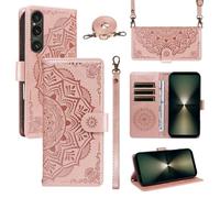 xinyunew Funda Cartera para Sony Xperia 1 Vi, Funda Libro de Cuero con Tarjetero, Cremallera, Correa Bandolera, Magnético, Soporte, Carcasa Antigolpes Elegante para Mujer,Rosa