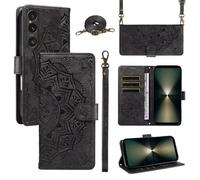 xinyunew Funda Cartera para Sony Xperia 1 Vi, Funda Libro de Cuero con Tarjetero, Cremallera, Correa Bandolera, Magnético, Soporte, Carcasa Antigolpes Elegante para Mujer,Negro