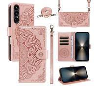 xinyunew Funda Cartera para Sony Xperia 1 VII, Funda Libro de Cuero con Tarjetero, Cremallera, Correa Bandolera, Magnético, Soporte, Carcasa Antigolpes Elegante para Mujer,Rosa