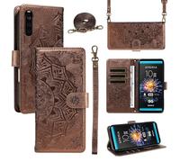 xinyunew Funda Cartera para Sony Xperia 10 III, Funda Libro de Cuero con Tarjetero, Cremallera, Correa Bandolera, Magnético, Soporte, Carcasa Antigolpes Elegante para Mujer,Marrón