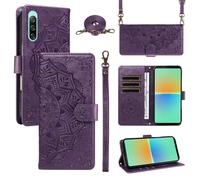 xinyunew Funda Cartera para Sony Xperia 10 IV, Funda Libro de Cuero con Tarjetero, Cremallera, Correa Bandolera, Magnético, Soporte, Carcasa Antigolpes Elegante para Mujer,Morado