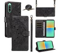 xinyunew Funda Cartera para Sony Xperia 10 IV, Funda Libro de Cuero con Tarjetero, Cremallera, Correa Bandolera, Magnético, Soporte, Carcasa Antigolpes Elegante para Mujer,Negro