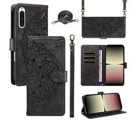 xinyunew Funda Cartera para Sony Xperia 10 V, Funda Libro de Cuero con Tarjetero, Cremallera, Correa Bandolera, Magnético, Soporte, Carcasa Antigolpes Elegante para Mujer,Negro