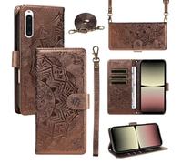 xinyunew Funda Cartera para Sony Xperia 10 V, Funda Libro de Cuero con Tarjetero, Cremallera, Correa Bandolera, Magnético, Soporte, Carcasa Antigolpes Elegante para Mujer,Marrón