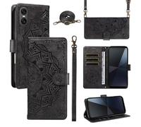 xinyunew Funda Cartera para Sony Xperia 10 Vi, Funda Libro de Cuero con Tarjetero, Cremallera, Correa Bandolera, Magnético, Soporte, Carcasa Antigolpes Elegante para Mujer,Negro