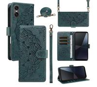 xinyunew Funda Cartera para Sony Xperia 10 Vi, Funda Libro de Cuero con Tarjetero, Cremallera, Correa Bandolera, Magnético, Soporte, Carcasa Antigolpes Elegante para Mujer,Verde