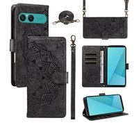 xinyunew Funda Cartera para Sony Xperia 10 VII, Funda Libro de Cuero con Tarjetero, Cremallera, Correa Bandolera, Magnético, Soporte, Carcasa Antigolpes Elegante para Mujer,Negro