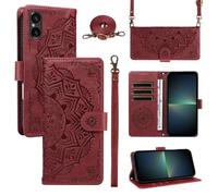 xinyunew Funda Cartera para Sony Xperia 5 III, Funda Libro de Cuero con Tarjetero, Cremallera, Correa Bandolera, Magnético, Soporte, Carcasa Antigolpes Elegante para Mujer,Rojo