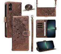 xinyunew Funda Cartera para Sony Xperia 5 IV, Funda Libro de Cuero con Tarjetero, Cremallera, Correa Bandolera, Magnético, Soporte, Carcasa Antigolpes Elegante para Mujer,Marrón