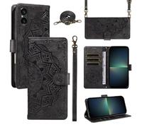 xinyunew Funda Cartera para Sony Xperia 5 IV, Funda Libro de Cuero con Tarjetero, Cremallera, Correa Bandolera, Magnético, Soporte, Carcasa Antigolpes Elegante para Mujer,Negro