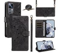xinyunew Funda Cartera para Xiaomi 12T/12T Pro/K50 Ultra, Funda Libro de Cuero con Tarjetero, Cremallera, Correa Bandolera, Magnético, Soporte, Carcasa Antigolpes Elegante para Mujer,Negro