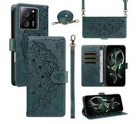 xinyunew Funda Cartera para Xiaomi 13T/13T Pro/K60 Ultra, Funda Libro de Cuero con Tarjetero, Cremallera, Correa Bandolera, Magnético, Soporte, Carcasa Antigolpes Elegante para Mujer,Verde