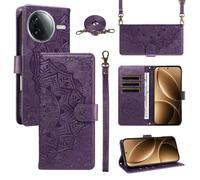 xinyunew Funda Cartera para Xiaomi Poco F7 Pro/Poco F7 Ultra, Funda Libro de Cuero con Tarjetero, Cremallera, Correa Bandolera, Magnético, Soporte, Carcasa Antigolpes Elegante para Mujer,Morado