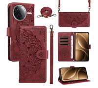 xinyunew Funda Cartera para Xiaomi Poco F7 Pro/Poco F7 Ultra, Funda Libro de Cuero con Tarjetero, Cremallera, Correa Bandolera, Magnético, Soporte, Carcasa Antigolpes Elegante para Mujer,Rojo