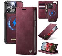 xinyunew Funda Cuero Genuino Desmontable para iPhone 13 Pro MAX, Funda Billetera Folio Magnético RFID Bloqueo Tarjetas Ranuras, Carcasa de Piel Libro,Rojo