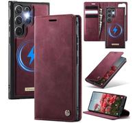 xinyunew Funda Cuero Genuino Desmontable para Samsung Galaxy S23 Ultra, Funda Billetera Folio Magnético RFID Bloqueo Tarjetas Ranuras, Carcasa de Piel Libro,Rojo