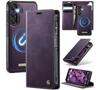 xinyunew Funda Cuero Genuino Desmontable para Samsung Galaxy S24 FE, Funda Billetera Folio Magnético RFID Bloqueo Tarjetas Ranuras, Carcasa de Piel Libro,Violeta