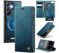 xinyunew Funda Cuero Genuino Desmontable para Samsung Galaxy S24 Ultra, Funda Billetera Folio Magnético RFID Bloqueo Tarjetas Ranuras, Carcasa de Piel Libro,Verde