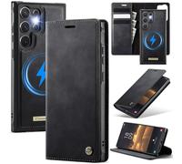 xinyunew Funda Cuero Genuino Desmontable para Samsung Galaxy S24 Ultra, Funda Billetera Folio Magnético RFID Bloqueo Tarjetas Ranuras, Carcasa de Piel Libro,Negro