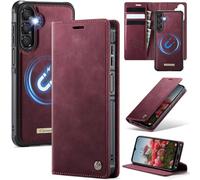 xinyunew Funda Cuero Genuino Desmontable para Samsung Galaxy S26, Funda Billetera Folio Magnético RFID Bloqueo Tarjetas Ranuras, Carcasa de Piel Libro,Rojo