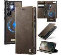 xinyunew Funda Cuero Genuino Desmontable para Samsung Galaxy S26 Ultra, Funda Billetera Folio Magnético RFID Bloqueo Tarjetas Ranuras, Carcasa de Piel Libro,Marrón