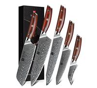 XINZUO 5 Piezas Set Cuchillo Cocina Acero de Damasco,Profesional Juegos de Cuchillo de Cocinero, Forjado a Mano Cuchillo Chef Santoku Universal Fruta Cuchillo de Pan con Mango de Madera de Rosa