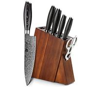 XINZUO Acero Damasco 7 Piezas Set Cuchillo profesional de chef Santoku con Bloque de Madera, Fileteador Universal Fruta,Tijeras de Cocina Multifuncionales con Mango de Pakkawood -Ya Serie