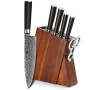 XINZUO Cuchillos de Cocina Forjados de Acero Damasco con Bloque de Madera de Acacia, Set de 7 Piezas, Tijeras Multifuncionales, Cuchillo de Chef Afilado Profesional para Vegetales -He Serie
