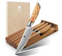 XINZUO Juego de 5 Cuchillos de Bistec -73 Capas de Acero Damasco Cuchillo de Carne Premium Cuchillo de Mesa Afilado Hoja Recta -Mango de Madera de Olivo -con Bloque Portacuchillos para Cajones