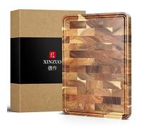 XINZUO Tabla de Cortar de Madera de Acacia- (35x25x2.6cm) Tabla de Cortar Cocina Hecha a Mano Trinchar Tabla de Carne- con Patas Antideslizantes, Asas Laterales y Ranura para Jugos