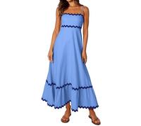 XIONGMEI Vestidos de verano para mujer, tirantes delgados, sin mangas, cuello cuadrado, fruncido, ribete de rickrack, bohemio, maxi vestido de playa 2024, Azul/claro, XXL