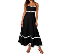XIONGMEI Vestidos de verano para mujer, tirantes delgados, sin mangas, cuello cuadrado, fruncido, ribete de rickrack, bohemio, maxi vestido de playa 2024, Negro -, XL