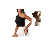 XIRUJNFD One Shoulder Backless Knitted Crop Tank, Sexy Strappy Backless Rib Knitted Crop Tank Top (Black,S)